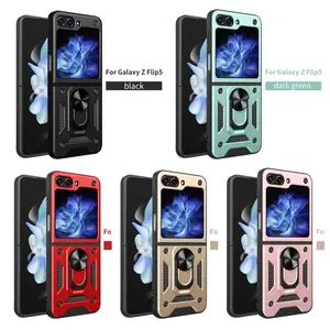 Rugged Foldable Sliding Camera Cover Phone Case For Samsung Galaxy Z Flip 3/4/5/6 | Smooth Sliding Lens Protection, 360° Ring Kickstand, Shockproof Armor Design | Durable Protective Cover #<SJTCKBlack