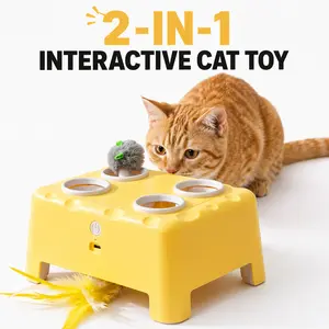 Automatic Interactive Cat Toy for Indoor Cats, Cat Enrichment Toy for Bored Indoor Cats and Kittens, 2 in 1 Whack-A-Mole and Moving Feather, 3 Play Settings, USB C Rechargeable