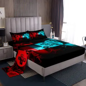 Full Size Gamer Fitted Sheet,Video Game Controller Bed Sheet,4Pcs Gaming Theme Sheet for Boys Girls Teens (Full,Red Blue)