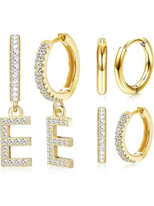 3 Pairs Initial Dangle Hoop Earrings for Women Cubic Zirconia Letter Huggie Earrings Alphabet Letter E