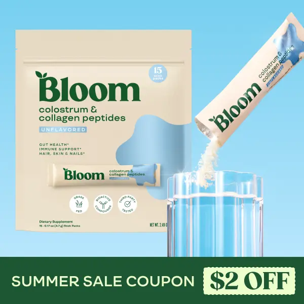 Bloom Nutrition Colostrum & Collagen Peptides Powder (15 Sticks)  - Grass-Fed Protein Powder for Gut Health, Immune Support & Skin