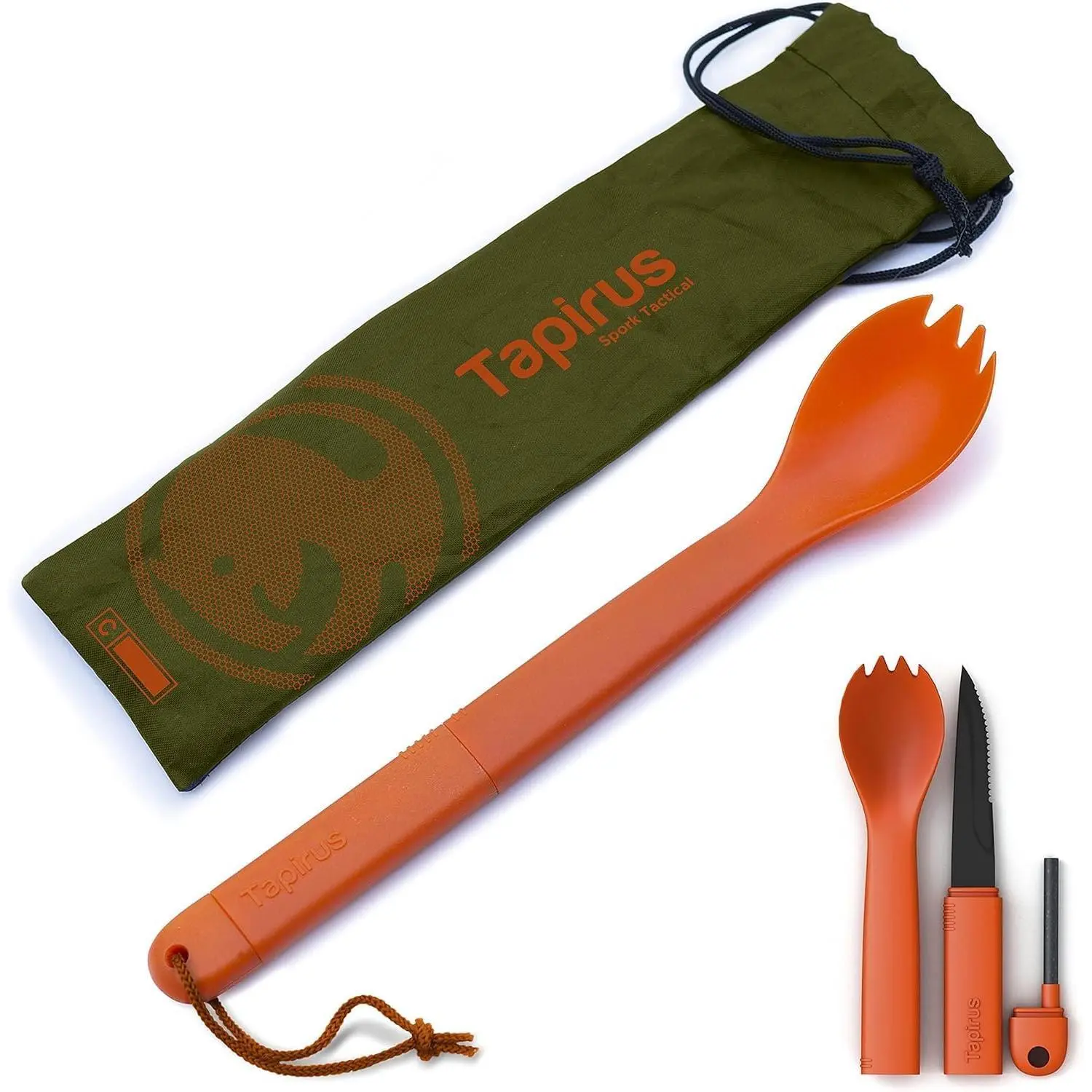 Spork Tactical Orange | BPA Free Spoon Fork, Stainless Steel Knife and Fire Starter | 3 in 1 multipurpose utensil | Outdoor hiking, camping & backpacking gear | For MRE