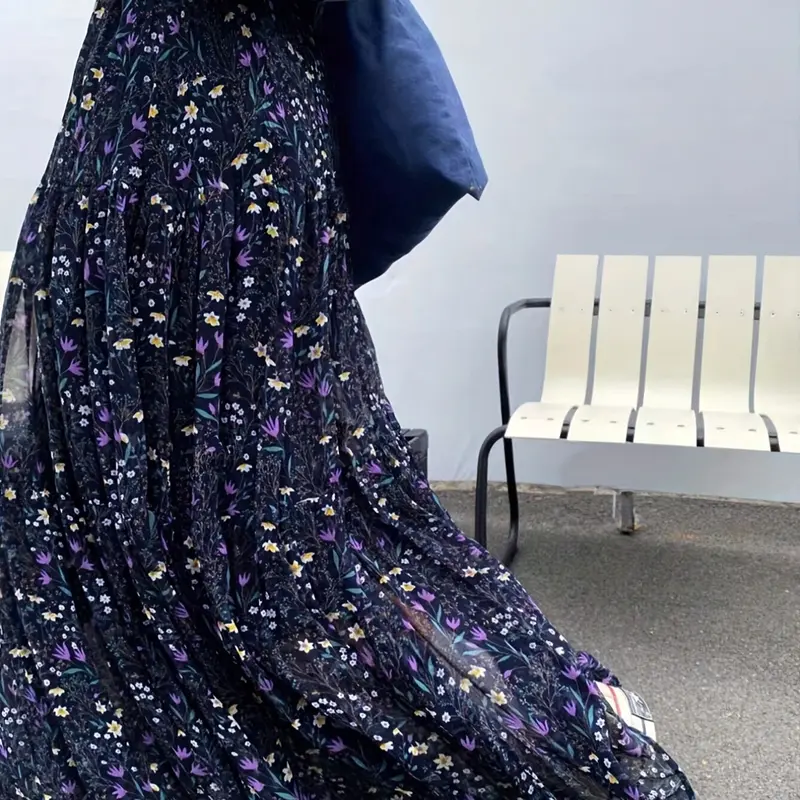 Elegant Floral Print A-Line Fitted Woven Maxi Stretch Fashionable Skirt for Women, Spring Summer Elastic Waist Half Body Dress, Chic Stylish Ladies Fashion Clothing
