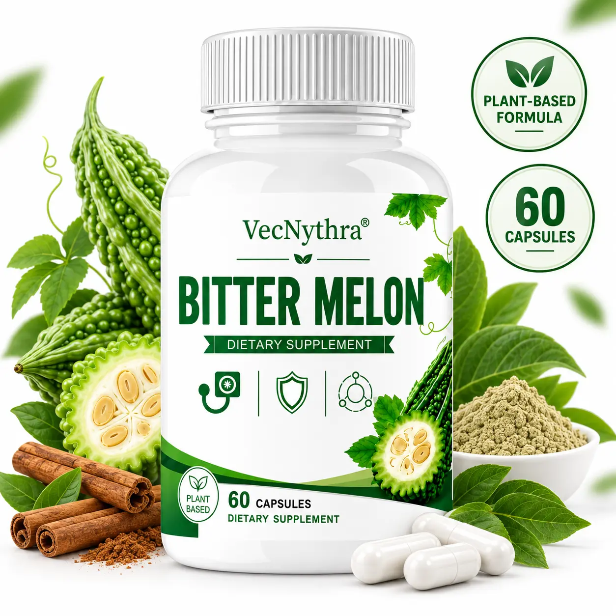 VecNythra Natural Dietary Blood Sugar Complex Supplement - Balances Sugars, Supports Normal-Range Levels, Metabolism, Antioxidant Health - Bitter Melon, Cinnamon, Chromium, Gymnema, Banaba, Alpha Lipoic Acid - 60 Vegan Capsules Bottle Pack, Prop 65 Safe