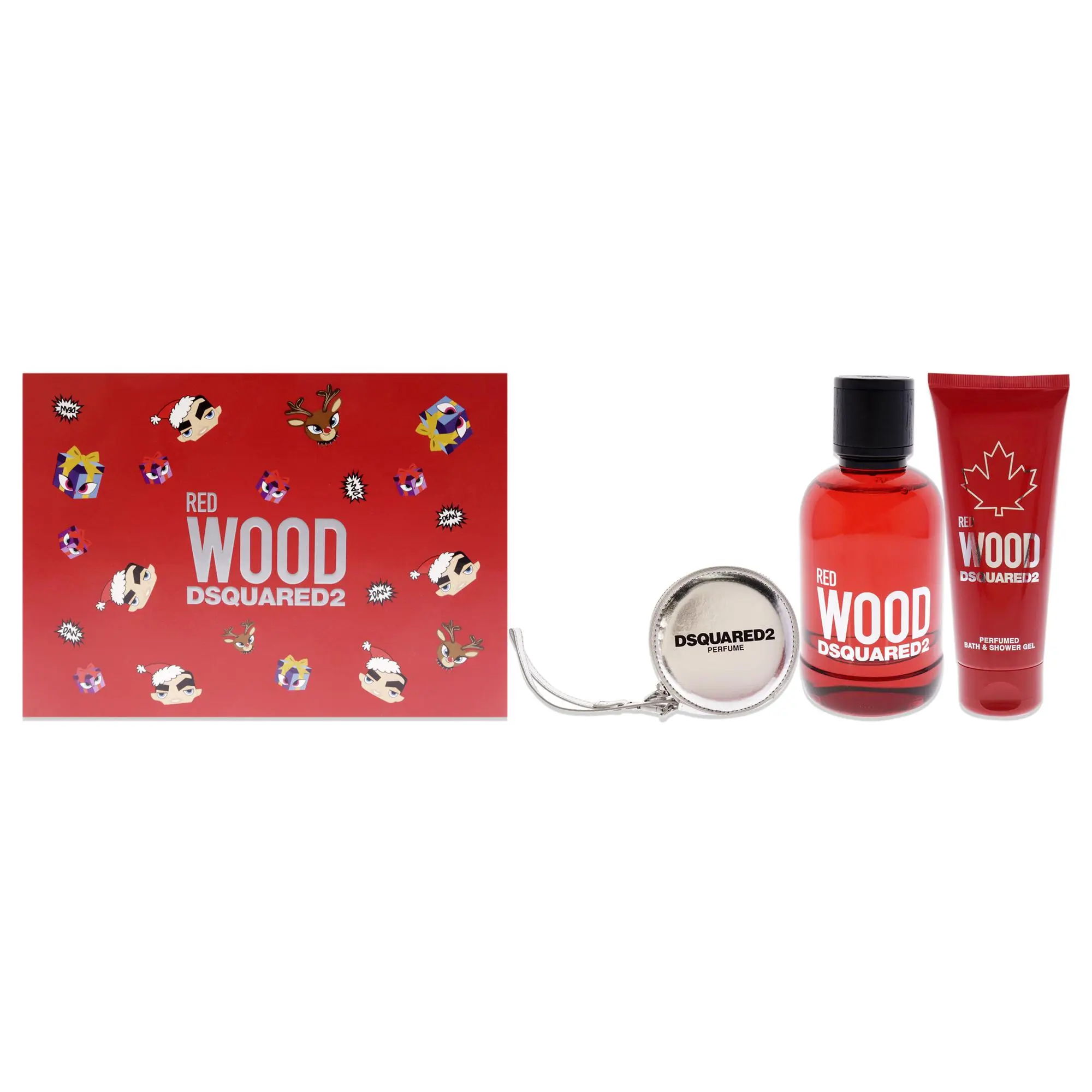 Dsquared2 Red Wood Unisex Fragrance 3-Pc Gift Set - 3.4oz EDT Spray Device, 3.4oz Perfumed Bath and Shower Gel, Silver Round Purse, Body Care Includes Gel for Spray Apply, Spray Device Unisex Fragrance