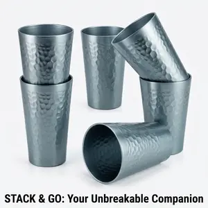 16oz Stackable Hammered Aluminum Cups Set of 6, Gray Tumblers, Shatter-Resistant Portable Cups for RV Road Trip Camping