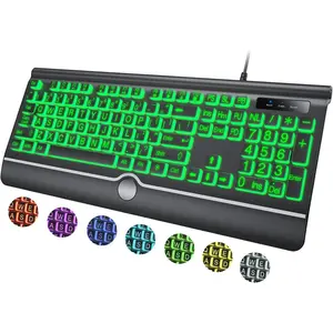 Large Print Backlit Computer Keyboard, 7-Color Backlit Keyboard with Wrist Rest, USB Plug-and-Play, Oversize Letters  Easy to See and Type, Wired Light Up Keyboards for Laptop, PC, Gaming