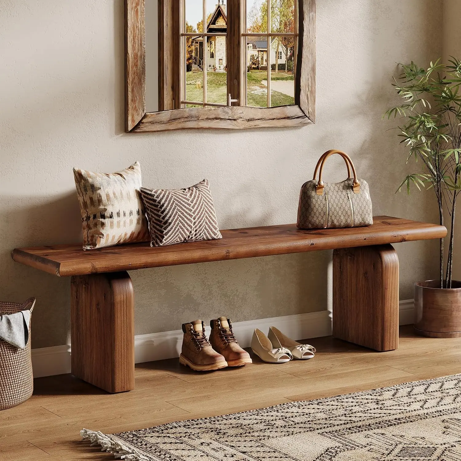 TRIBEWOOD 62.99 in Armless Farmhouse Solid Wood Entryway Bench, Rustic Brown Heavy-Duty Wear-Resistant Bench for Hallway, Bedroom, Quick Setup Simple Assembly