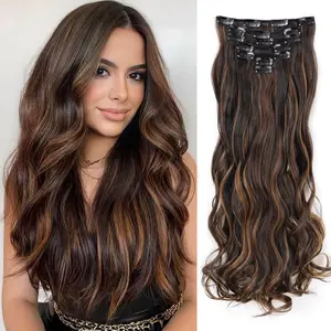Clip In Hair Extensions 22 Inch Long Wavy 7 Pcs Synthetic Hair Extension for Women Girls hair extensions clip ins gifts for women Brown with Blonde Highlight 150g Clip in Hair Extensions Soft Full Head Synthetic Hairpieces