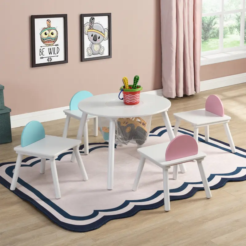 [Soiyelife] white kids table & 4 chairs set-play & Study set with hidden storage
