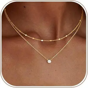 Women's 2-Piece Dainty Gold Layered Choker Necklace Set, Minimalist Tiny Disc Sequin Chain, Sparkling Solitaire Cubic Zirconia Pendant, Adjustable Collar Jewelry engagement anniversary party jewelry gift