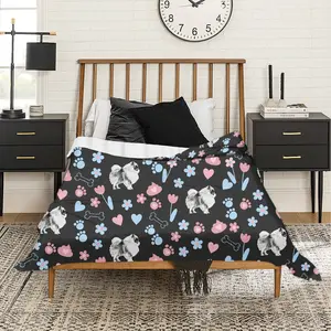 Cartoon Keeshond Pattern Funny Throw Blanket - Pet Dog Themed Flannel Blanket for Camping Bedding All Seasons