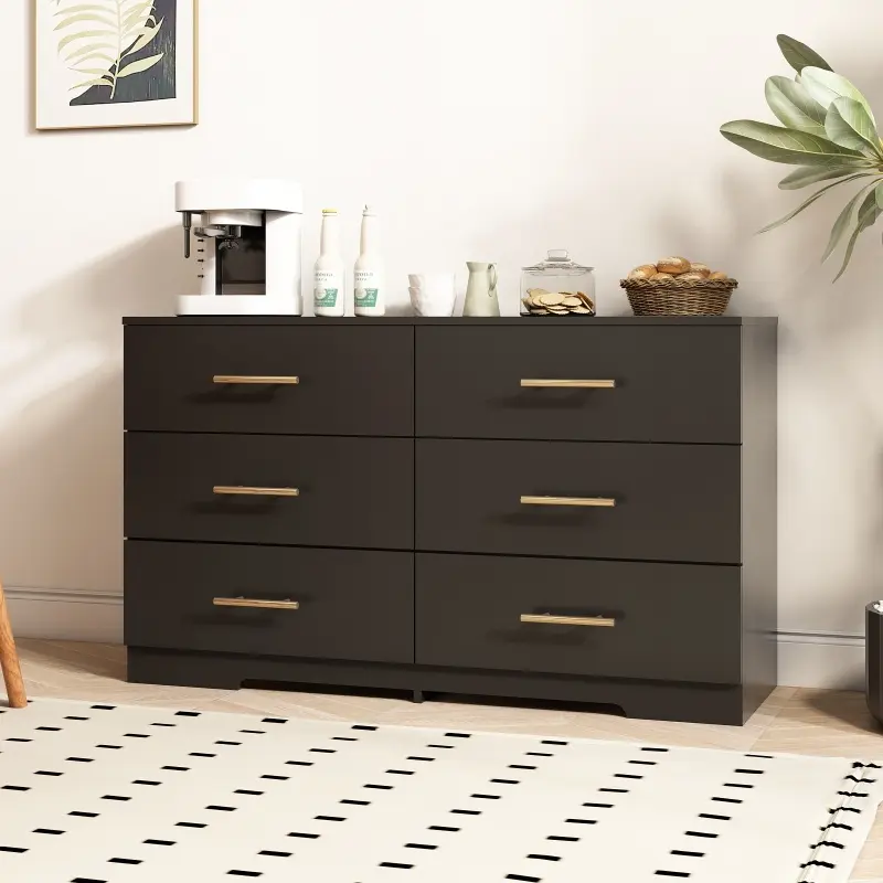 【Bellemave】Black color Large 6 drawers chest of drawer dressers table with golden handle 【Bellemave】Black color Large 6 drawers chest of drawer dressers table with golden handle