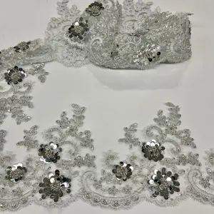 Elegant Formal Beaded & Corded Floral Lace Trimming, Embroidered on 100% Polyester Net Mesh - Lace USA 97223W-HB, Elegant Formal Lace
