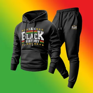Men's Black History Month Print Hoodie and Drawstring Sweatpants Set, Menswear, Casual Athletic Long Sleeve Hooded Jacket & Trousers for Fall & Winter, Men's Clothing for Daily Wear, Sportswear Indoor Outdoor, Tracksuit, Athleisure
