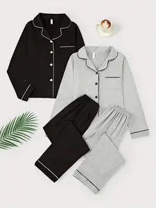 Women's Sleepwear Set, Lapel Open Front Pure Color Suit, Comfortable Long Sleeve Pants Home Wear, All-Seasons