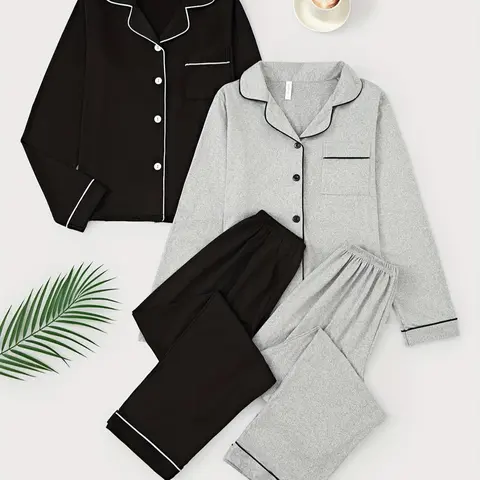 Women's Contract Binding Sleepwear Set, Comfortable Pajama Set, Pj Set, Lapel Collar Button Front Long Sleeve Top & Elastic Waist Pants, Home Wear for All Seasons