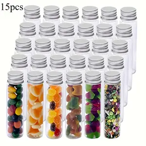 15pcs Plastic Test Tubes, Transparent Test Tube with Aluminum Screw Caps, Plastic Storage Tubes for Candy, Bath Salt, Granules and Liquids, Plastic Canister Jar