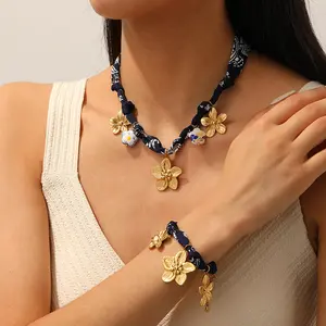 DIEYURO 316L Stainless Steel Golden Flower Blue Ceramic Pendant Necklace Bracelet Patterned Ribbon Set Lady New Fashion Jewelry