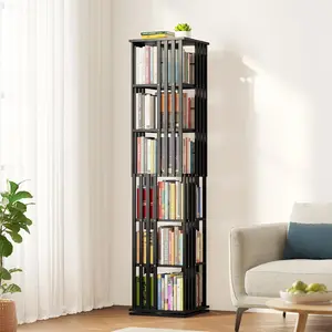 6-tier rotating bookshelf tower, bamboo rotating bookshelf, 360-degree rotating bookcase storage rotating disc, vertical rotating spiral corner storage rack (6-tier black)