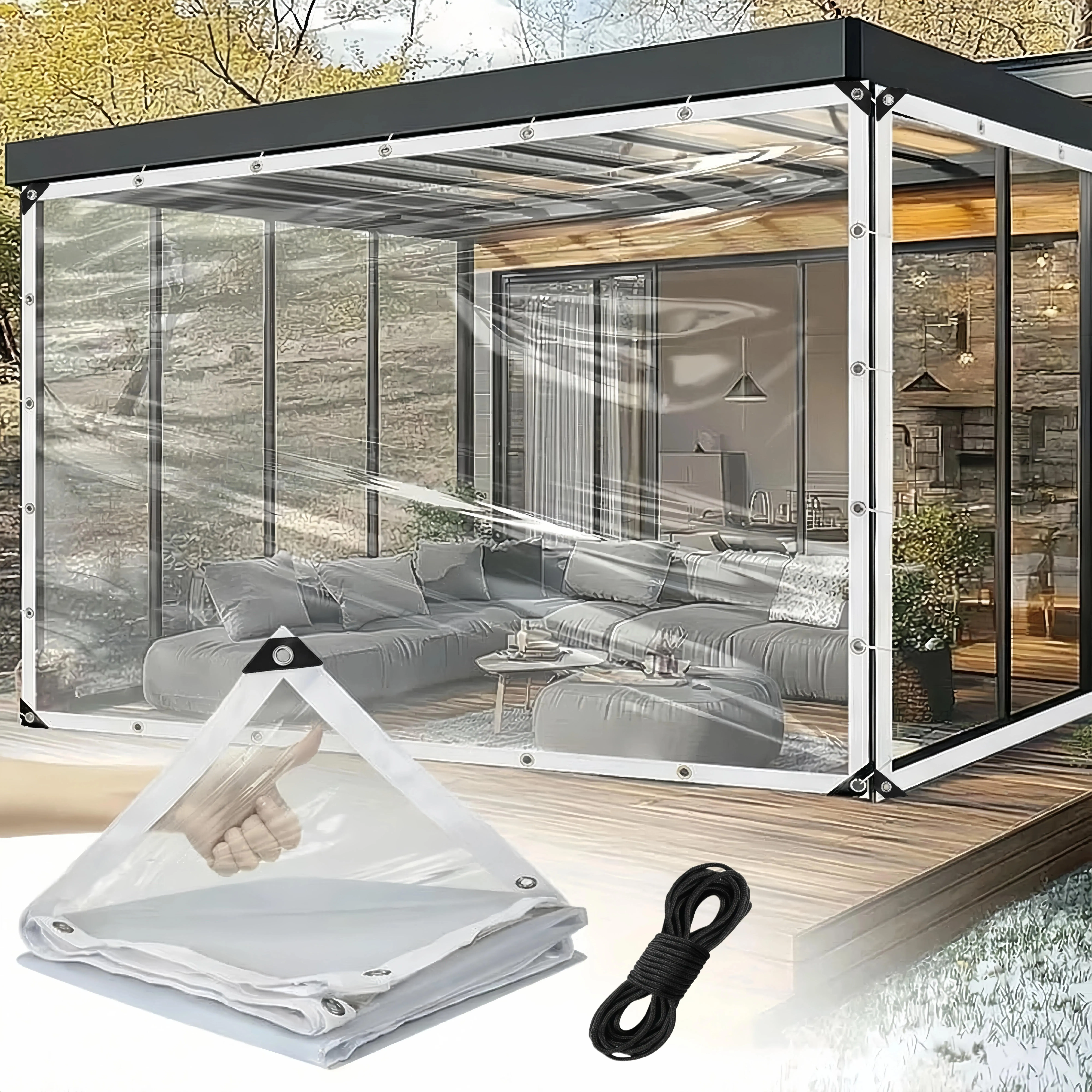 Waterproof tarpaulin, equipped with PE windproof cover and sealing ring, transparent and thick, windproof, rainproof, dustproof, snowproof. The tarpaulin is suitable for outdoor gardens, patios, chicken coops, porches and other places. Weather-Resistant R