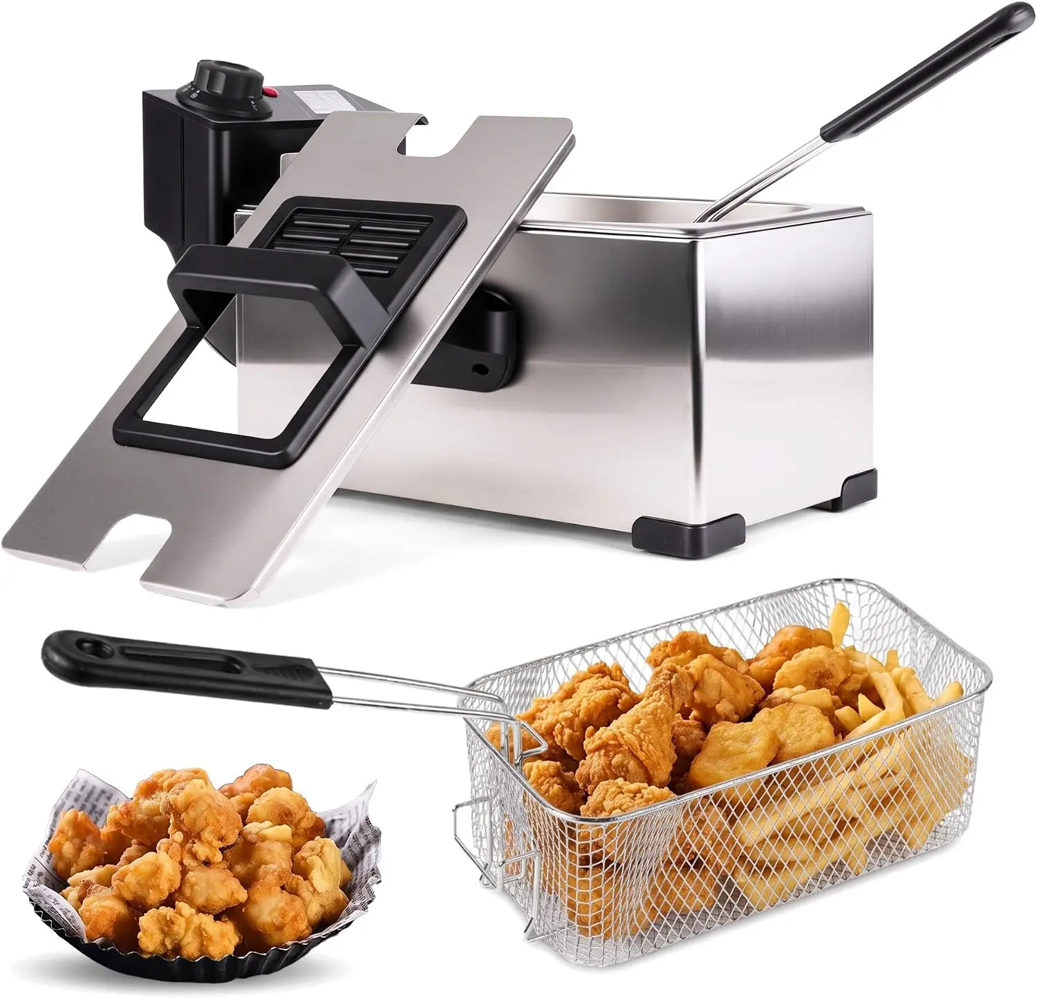 Stainless Steel Commercial Home Electric Deep Fryer - 3L, 2500W, 220V Countertop Kitchen Appliance, Includes Baskets & Lids, 140F to 392F Adjustable Temperature Control