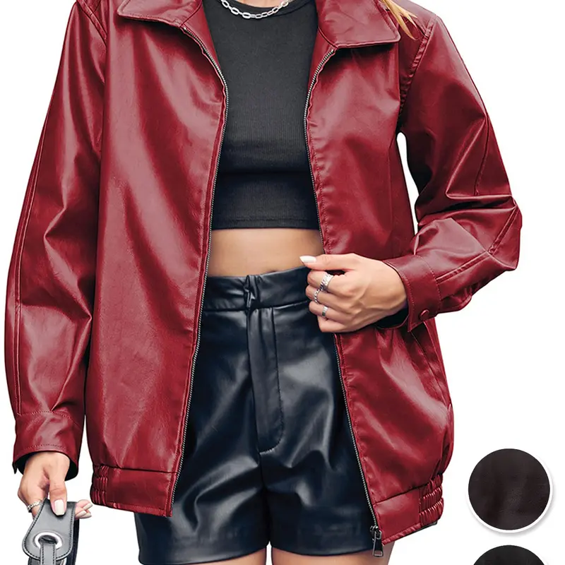 Aswulk Womens Oversized Leather Jackets Faux Casual Zip Up Trendy Bomber Motorcycle Jacket with Pockets