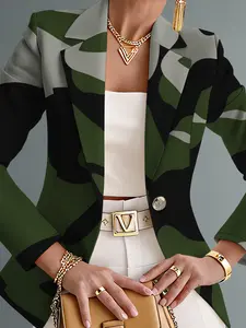 Women's Fall Outdoor Camo Geometric Print Digital Print Blazer Jacket, Casual Fitted Regular Length, Stripes Pattern, Spring & Fall, Trendy Blazer