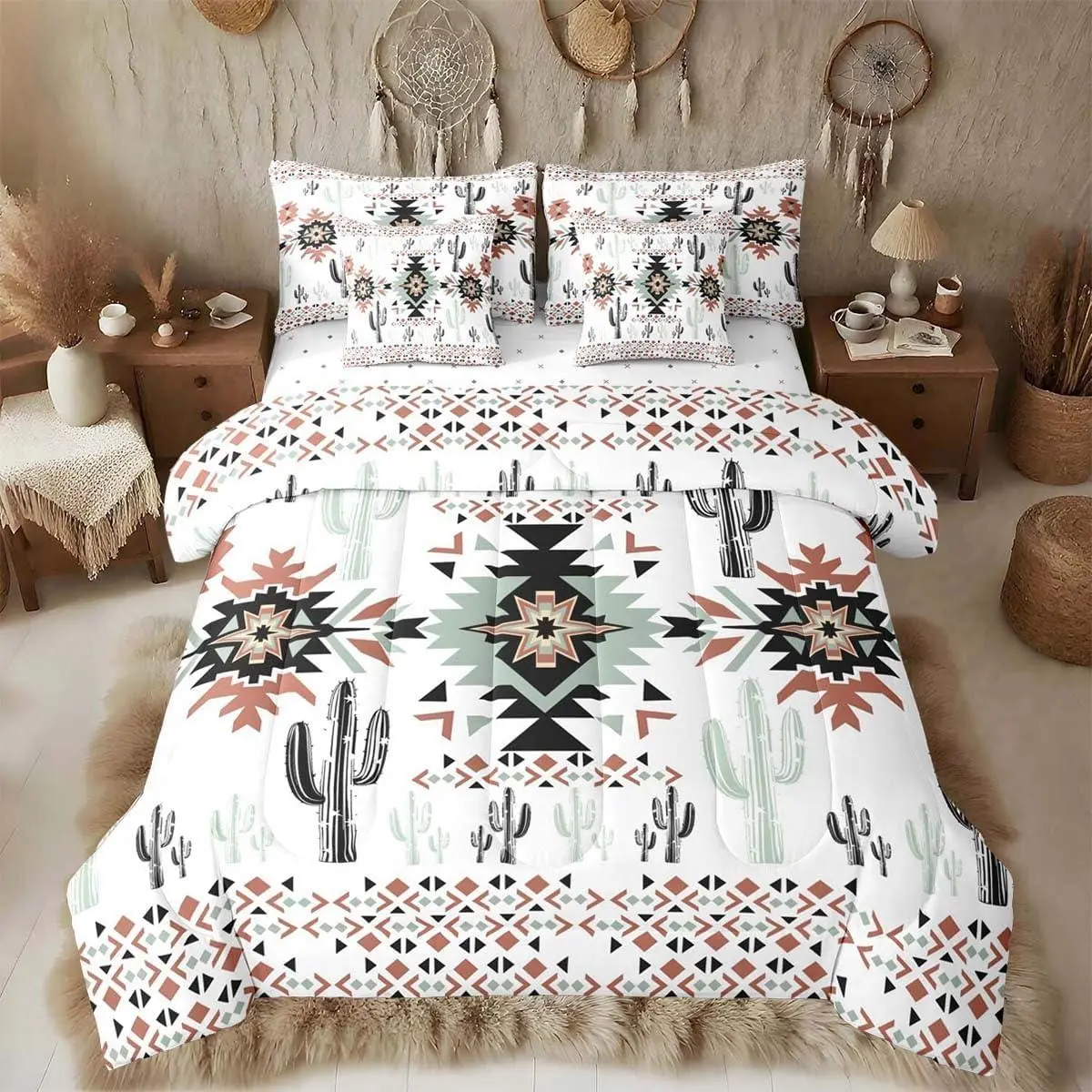 Khaki Southwestern Aztec Comforter Set 7 Pieces Geometric Vintage Bedding Set Rustic Western Cactus Bohemian Boho Tribal Bed in a Bag with Comforter,Sheets,Pillowcases White Red