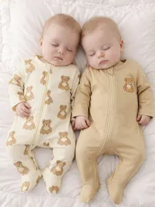 2-Pack Baby Bear Print Onesies, Spring & Fall Infant Zipper Footed Pajamas, Cute Toddler Snug Fit Sleepwear, Comfortable Home