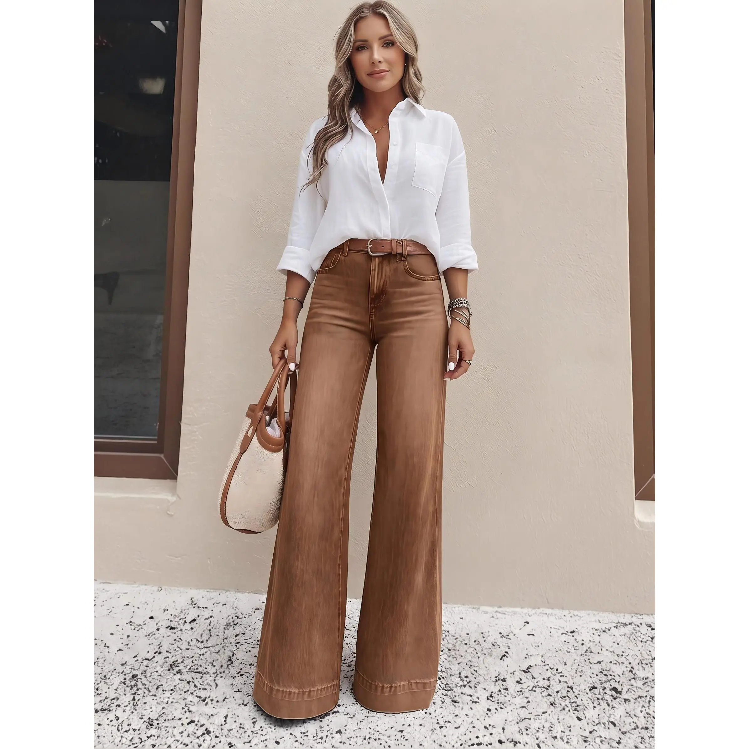 Trendy Brown Wide-Leg Jeans Women's Loose Fit Baggy Oversized Straight Leg Denim Jeans with Pockets, Basic, Comfortable and Fashionable, Perfect for Daily Wear, Versatile Casual Style, Womenswear, Everyday, Pants