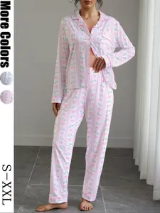 Autumn Winter Women's Pajama Set, Cute Plaid Bowknot Print Long Sleeve Top & Elastic Pants, Christmas Party Sleepwear
