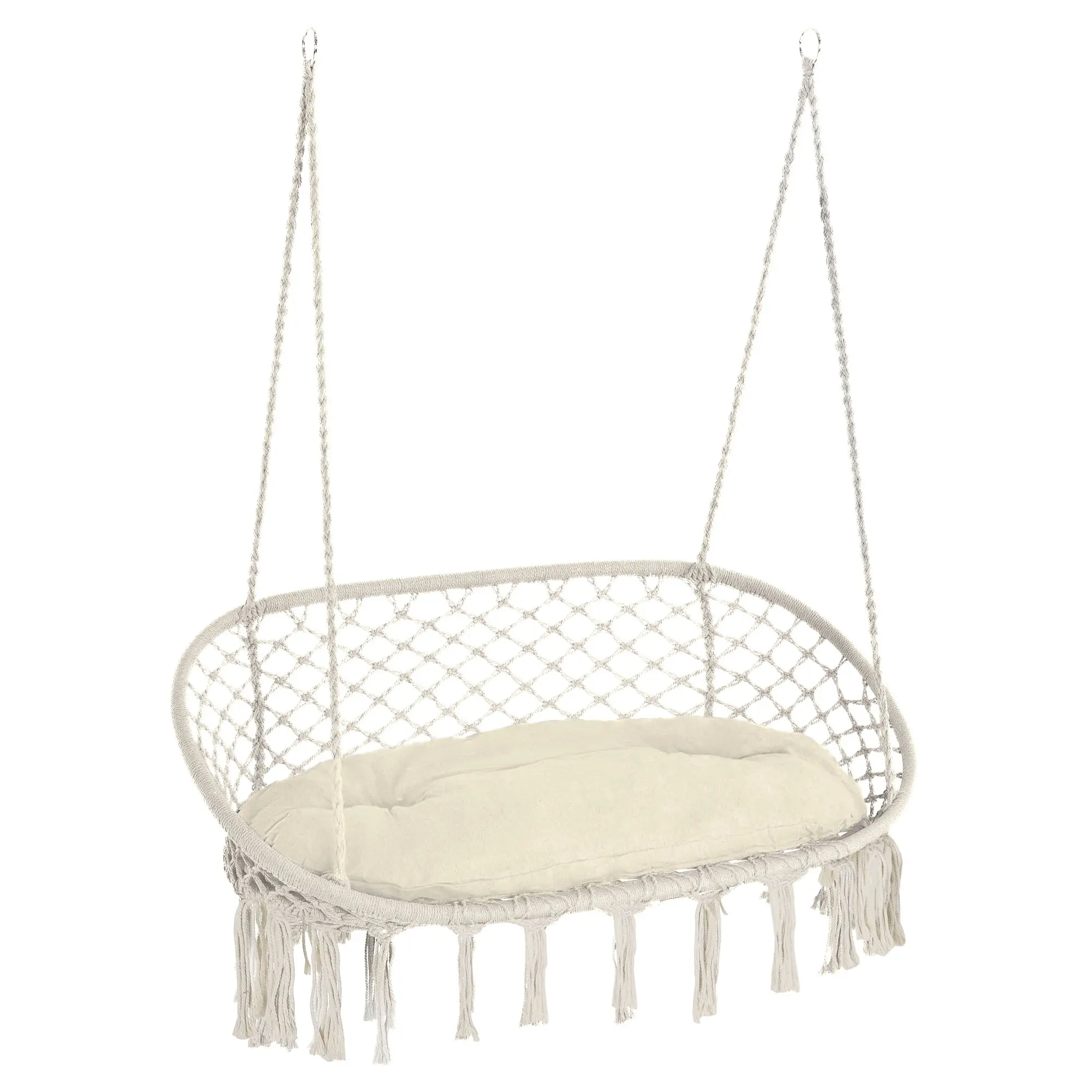 Stylish Handmade Cotton Rope Hanging Chair With Tassel Fringe Hollow Net Design Good Air Circulation Lightweight Easy To Install Move And Store For Daily Leisure