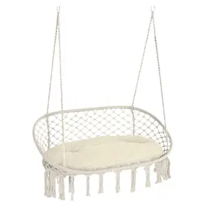 Stylish Handmade Cotton Rope Hanging Chair With Tassel Fringe Hollow Net Design Good Air Circulation Lightweight Easy To Install Move And Store For Daily Leisure