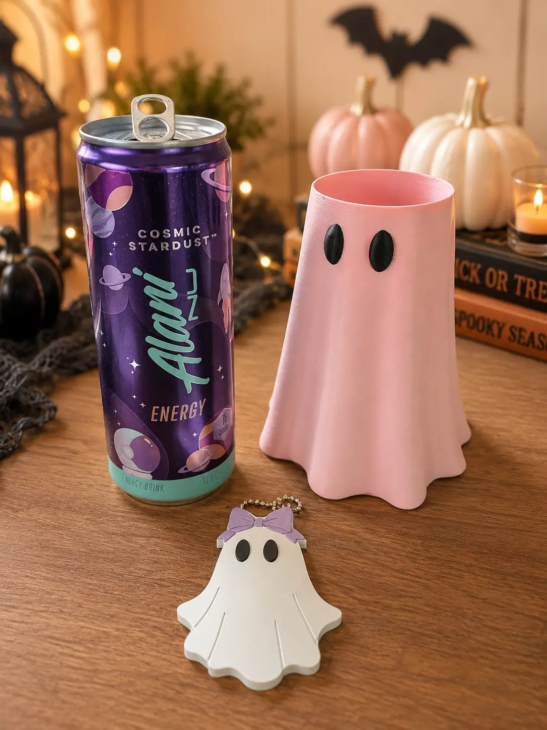 Pink Ghost Insulated Printed 2-Piece Skinny Can Holder & Ghost Shape Can Opener Set, Cute Halloween Drink Sleeve, Nail Safe Kitchenware Accessory
