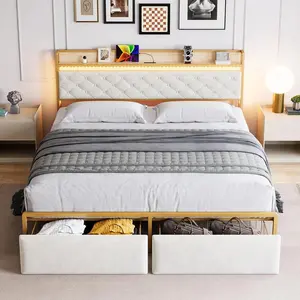 King Bed Frame with 2 Drawers and Charging Station, Upholstered LED Bed Frame with Storage Headboard, Noise-Free Design, No Box Spring Needed, Easy Assembly, Off-White