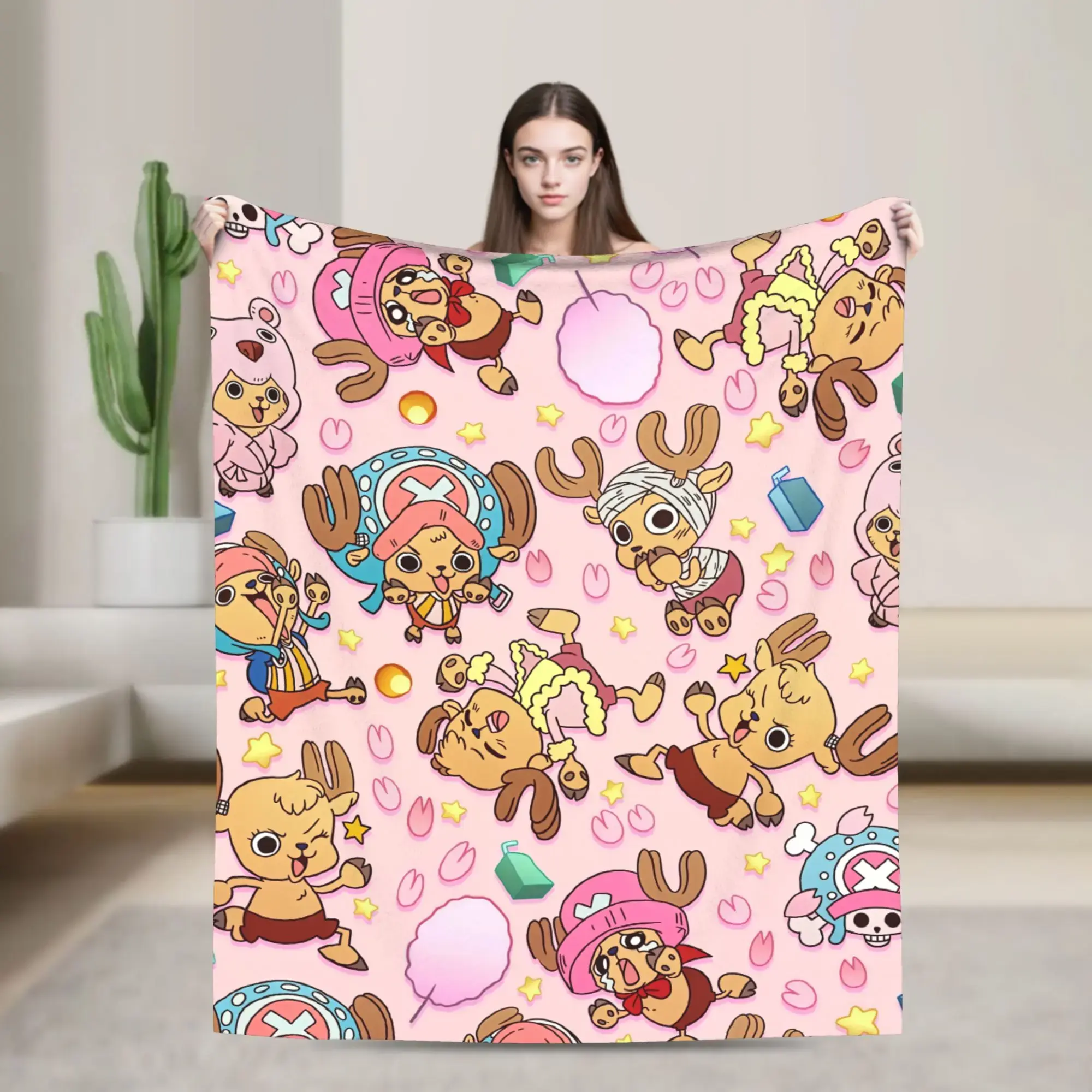 One Piece Kawaii Tony Tony Chopper Printed Blanket, All-Season Cozy Flannel Blanket for Anime Fans, Soft Plush Lightweight Throw for Bed Sofa Couch Dorm Room, Cute Anime Bedding Gift
