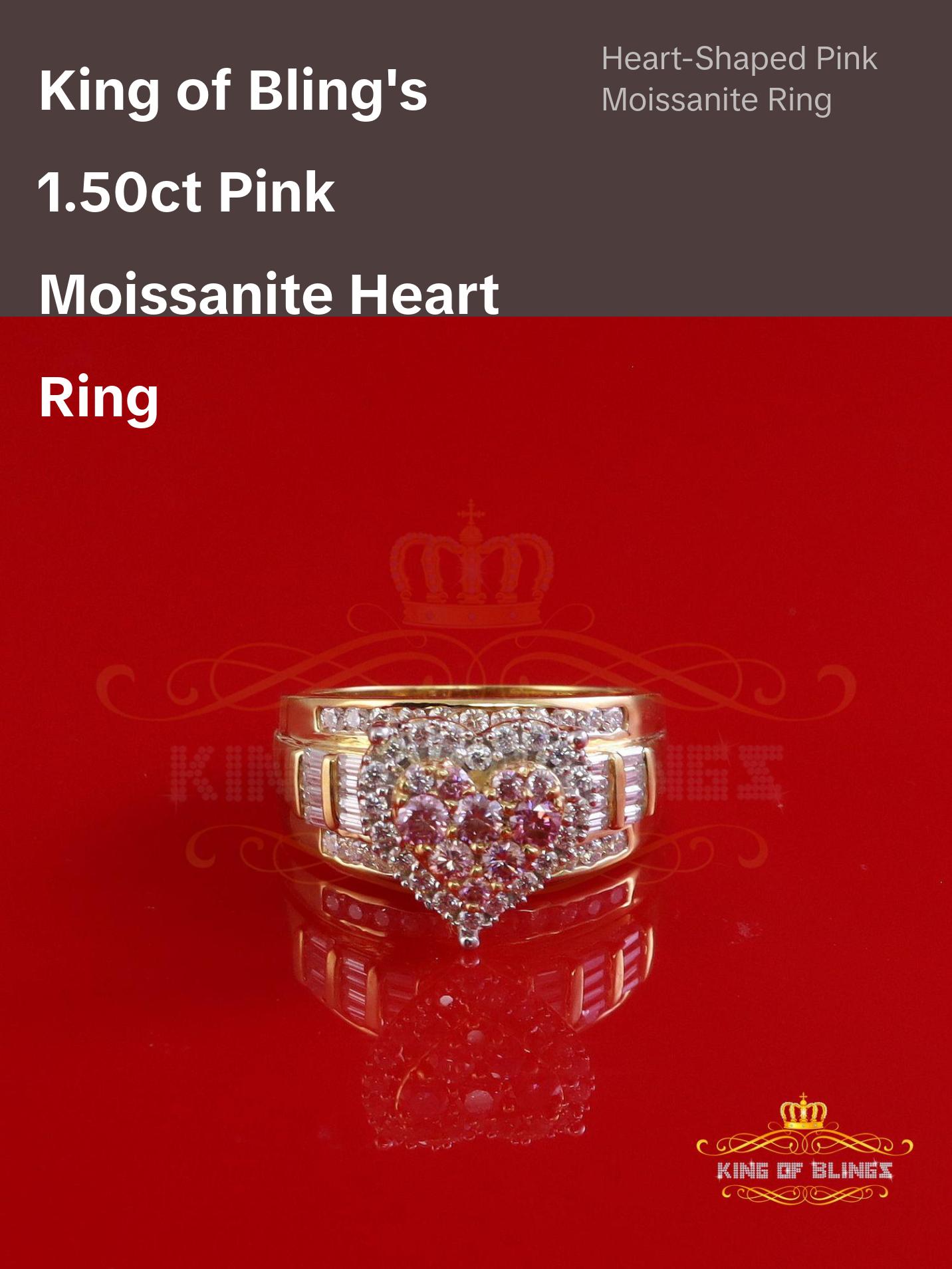 King of Bling's Womens 1.50ct 925 Silver VVS D Pink Moissanite Yellow Cinderella HEART Ring SZ 8