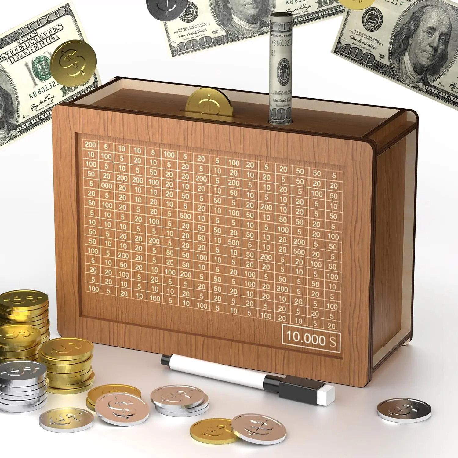 10000 Savings Challenge Box Cash Vault Wooden Coin Bank Money Saving Box with Target and Numbers Kakeibo Money Saving Box 10000 with Numbers, Caja De Ahorros 10000 Savings Box with Erasable Pen