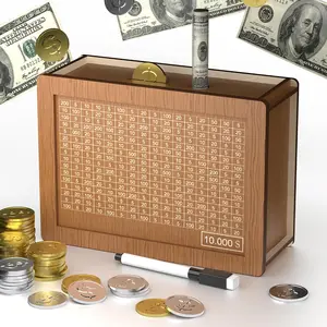 10000 Savings Challenge Box Cash Vault Wooden Coin Bank Money Saving Box with Target and Numbers Kakeibo Money Saving Box 10000 with Numbers, Caja De Ahorros 10000 Savings Box with Erasable Pen