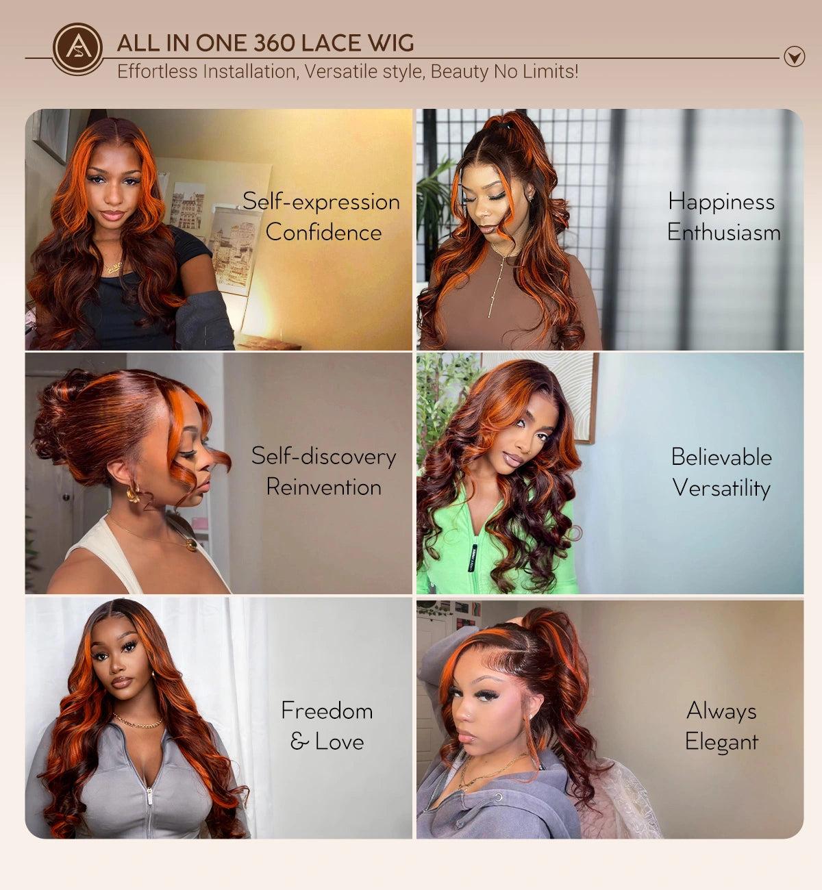 Salon Layer Cut Ginger Highlights On Brown Hair 360 Lace Frontal Invisi Strap Skin Lace Invisi Drawstring Snug Fit Body Wave Human Hair Wig SpringStatements