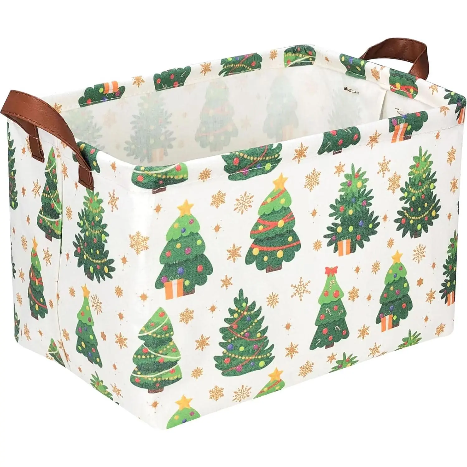 Rectangle Christmas Basket with Leather Handles Durable PE Waterproof Coating Large Capacity Kids Gift Storage Box for Pet Books Toys Christmas Tree