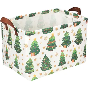 Rectangle Christmas Basket with Leather Handles Durable PE Waterproof Coating Large Capacity Kids Gift Storage Box for Pet Books Toys Christmas Tree