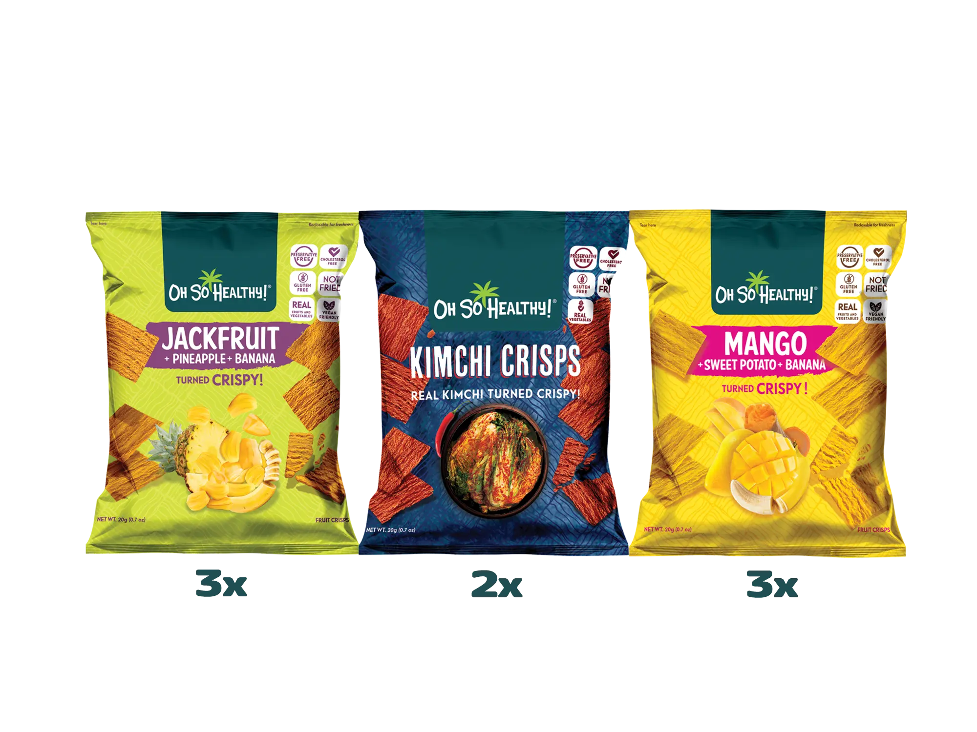 OSH! Oh So Healthy Baked Fruit Crisps assorted pack. Made from 100% Real Fruit - Case 8x20gr. Case incl 3 packs Mango, 3 packs Jackfruit, 2 packs Kimchi. Gluten-free Cholesterol-free NON-GMO Never fried. Your go to Guilt free Snack.