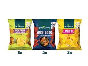 OSH! Oh So Healthy Baked Fruit Crisps assorted pack. Made from 100% Real Fruit - Case 8x20gr. Case incl 3 packs Mango, 3 packs Jackfruit, 2 packs Kimchi. Gluten-free Cholesterol-free NON-GMO Never fried. Your go to Guilt free Snack.