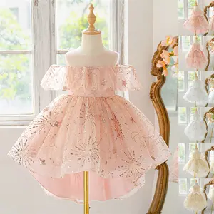 3-8Y Sequins Pink Trailing 6031 Kids Clothes Flower Girls Frock Ball Gown Pageant Children Elegant Princess Prom Host Formal Evening Party Banquet Cocktail Dress