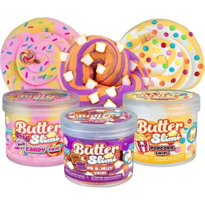 ORB GOAT Fluffy Butter Slime Snack Box 3 Pack Kit - Smooth Soft Fluffy Scented Popcorn, Peanut Butter Jelly, Candy Swirl ORB Butter Slimes For Kids - Party Favors Gifts with Resealable Slime Container