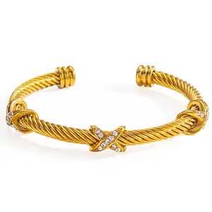 Fashionable 14K Gold Plated Titanium Steel Twisted Cable Clear Zirconia Accent Cuff Bracelet Durable Hypoallergenic Jewelry For Women