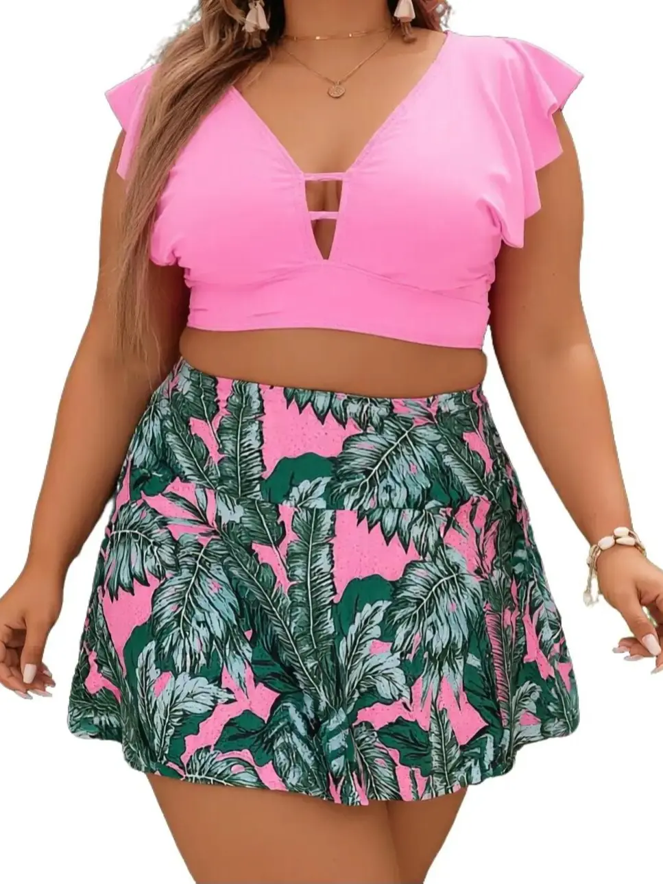 Plus Size Pink Ruffle Sleeve Tankini Swimsuit, Tropical Leaf Print Skirted Bottom Two-Piece Swimwear for Women Beach Vacation & Pool Party