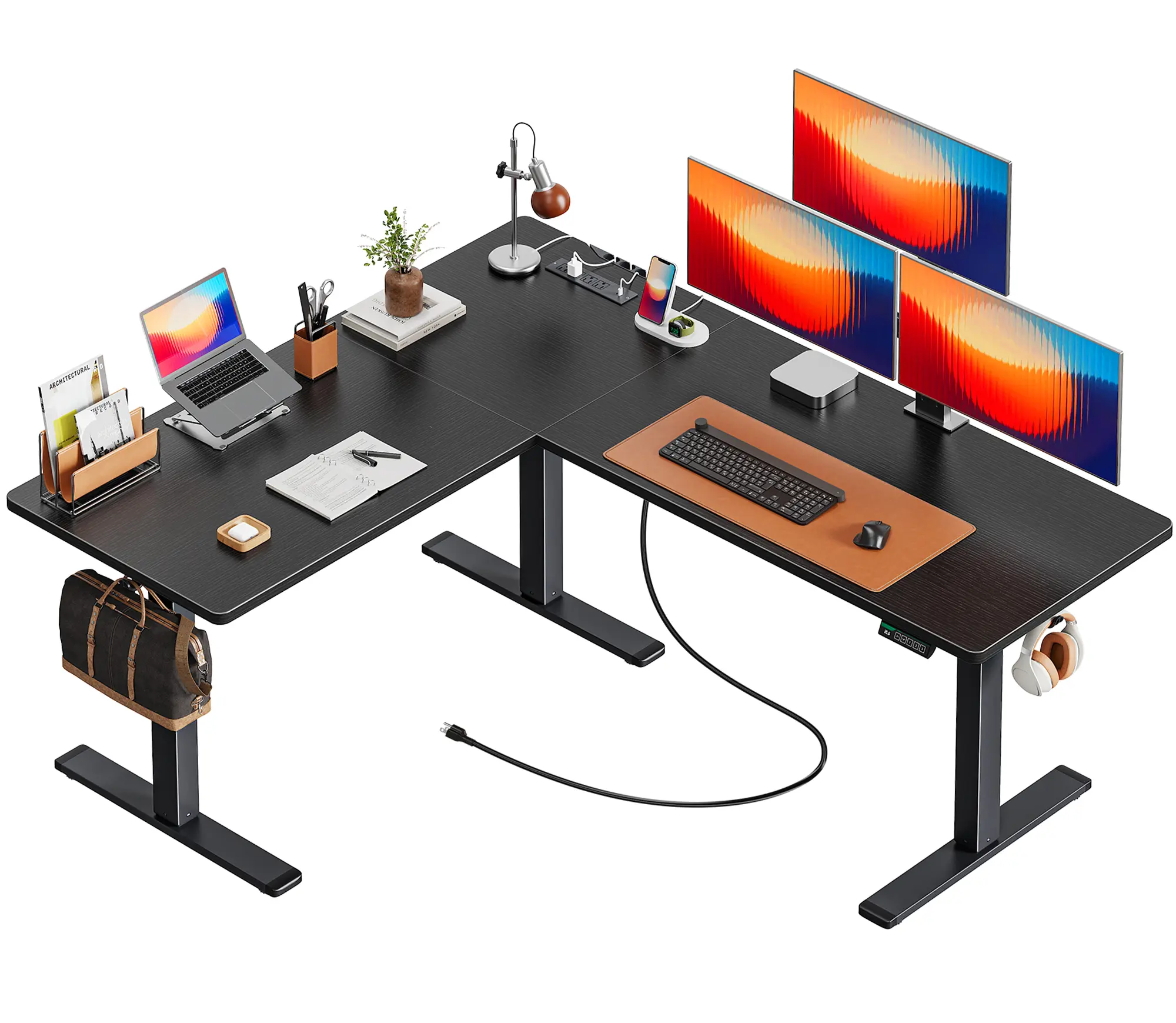 Huuger Modern L-Shaped Corner Standing Desk, 63x55-Inch Height-Adjustable Office Desk with Power Outlets for Home Office Work and Study